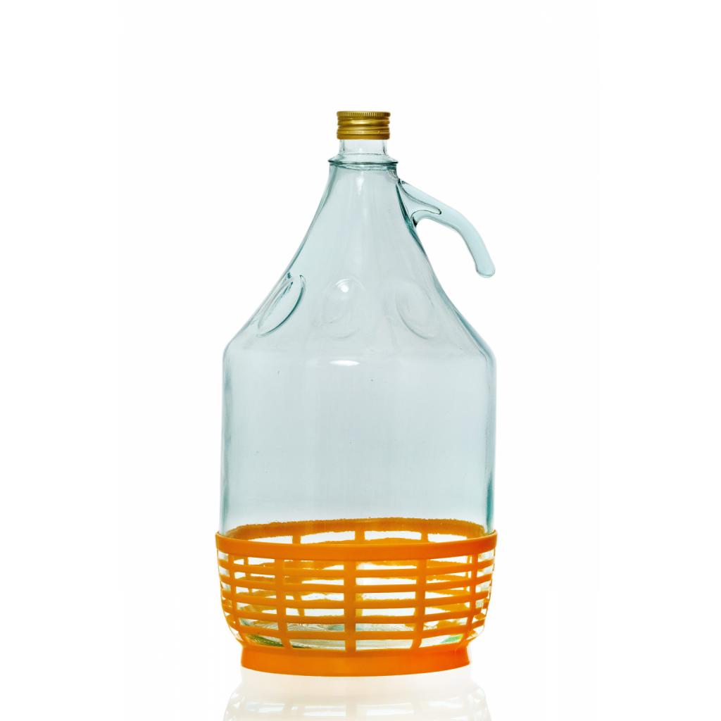 Glasballons mit breiter und schmaler Öffnung - Ballonflasche mit gelbem Kunststoffkorb (35er Gewinde)