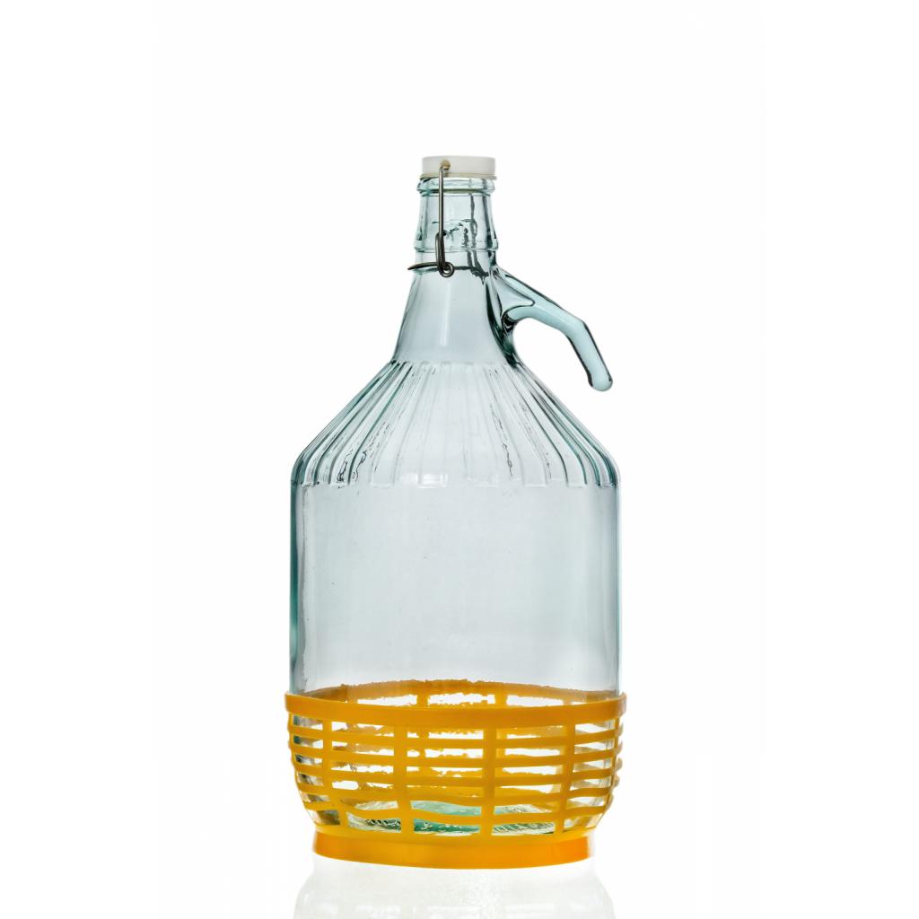Glasballons mit breiter und schmaler Öffnung - Ballonflasche mit gelbem Kunststoffkorb (Bügelverschluss)