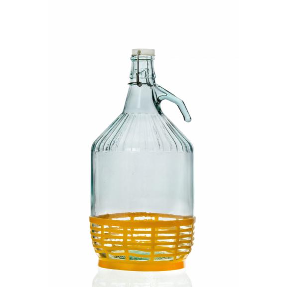 Glasballons mit breiter und schmaler Öffnung - Ballonflasche mit gelbem Kunststoffkorb (Bügelverschluss)
